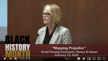 Still from a video showing the text: "Black History Month" and "Mapping Prejudice" Racial Housing Covenants: History & Impact, February 12, 2020