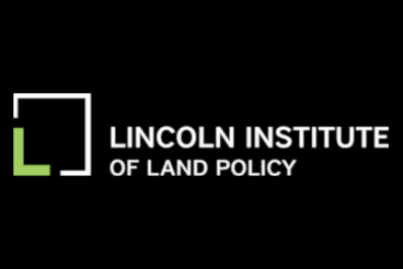 Black background with white text in two lines: "Lincoln Institute of Land Policy" and to the left of the text is a white outline of a square where the bottom left corner is a bright green L